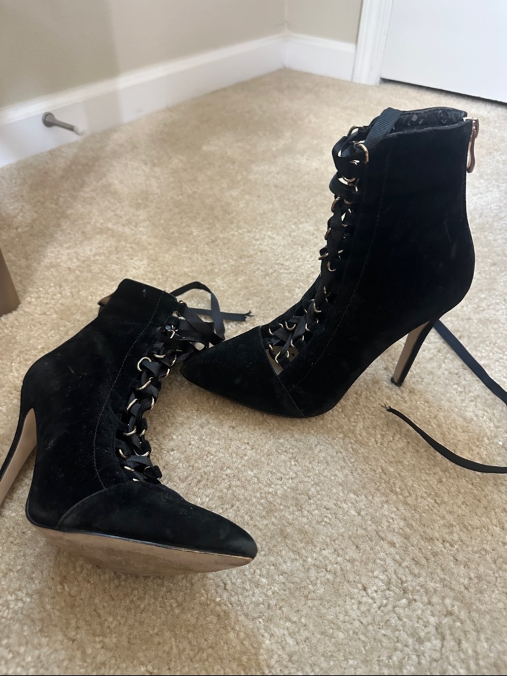 Black Lace-Up Pointed Stiletto Ankle Boots